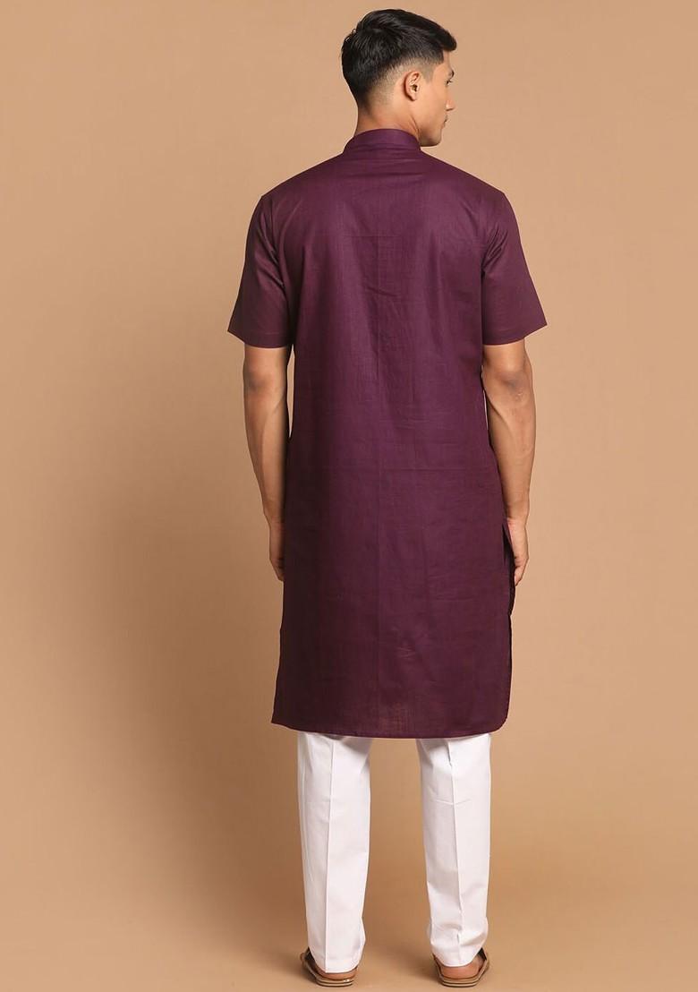 Purple Solid Poly Blend Kurta Set For Men