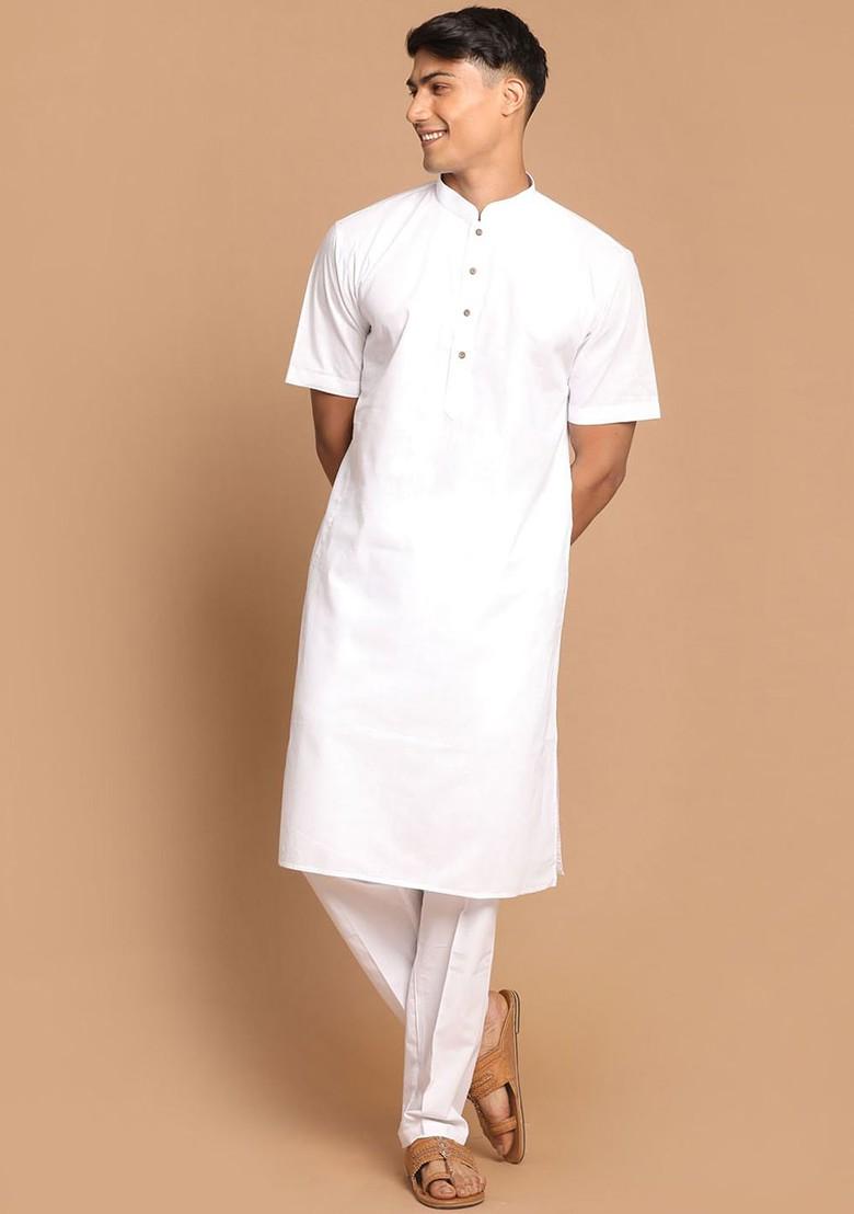 White Solid Poly Blend Kurta Set For Men