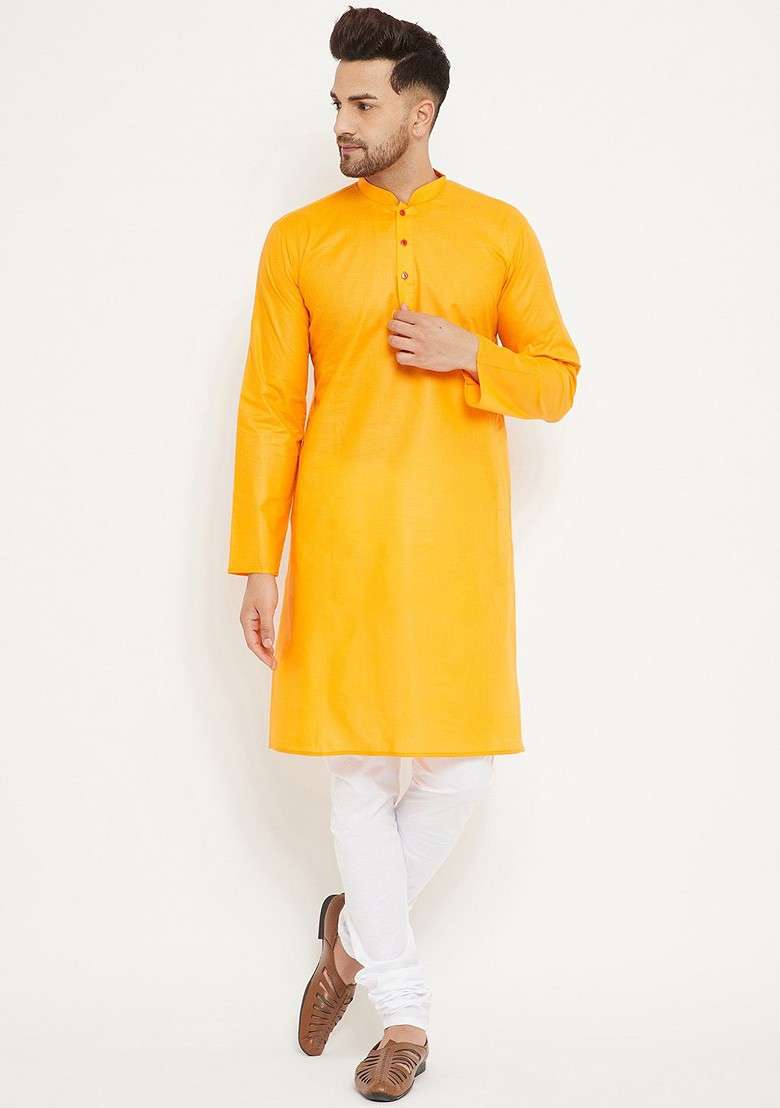 Orange Solid Poly Blend Kurta Set For Men - Indya