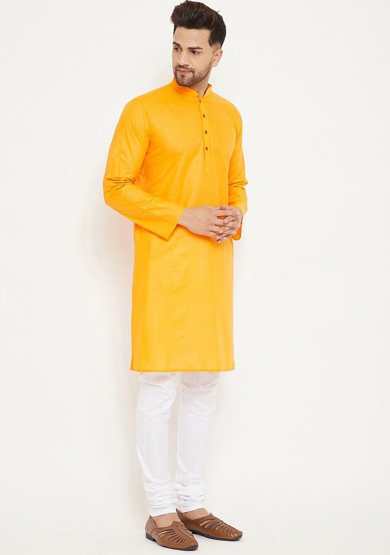Orange Solid Poly Blend Kurta Set For Men