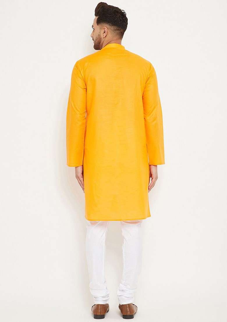 Orange Solid Poly Blend Kurta Set For Men - Indya