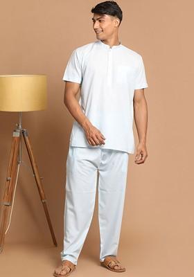 Blue Solid Cotton Kurta Set For Men