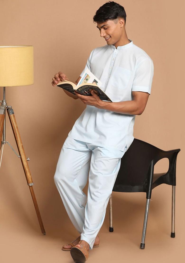 Blue Solid Cotton Kurta Set For Men