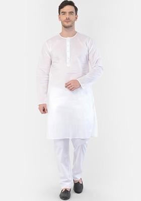 White Solid Cotton Kurta Set For Men
