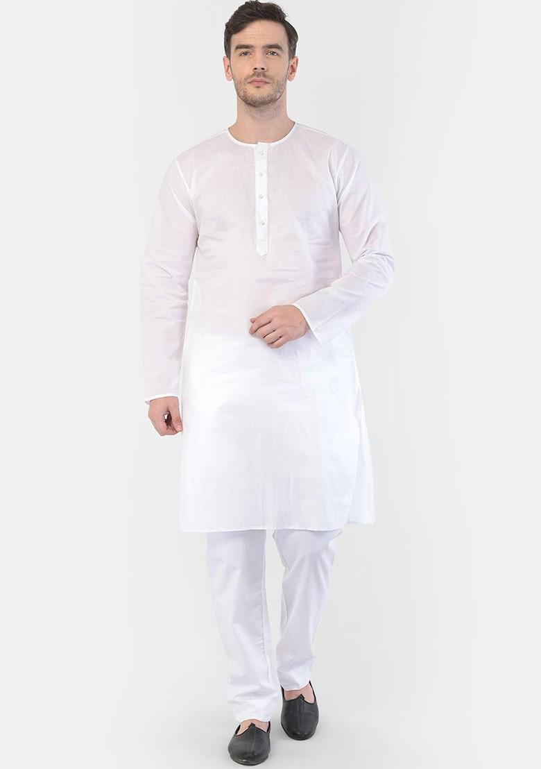 White Solid Cotton Kurta Set For Men