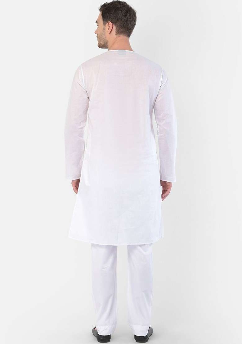 White Solid Cotton Kurta Set For Men - Indya