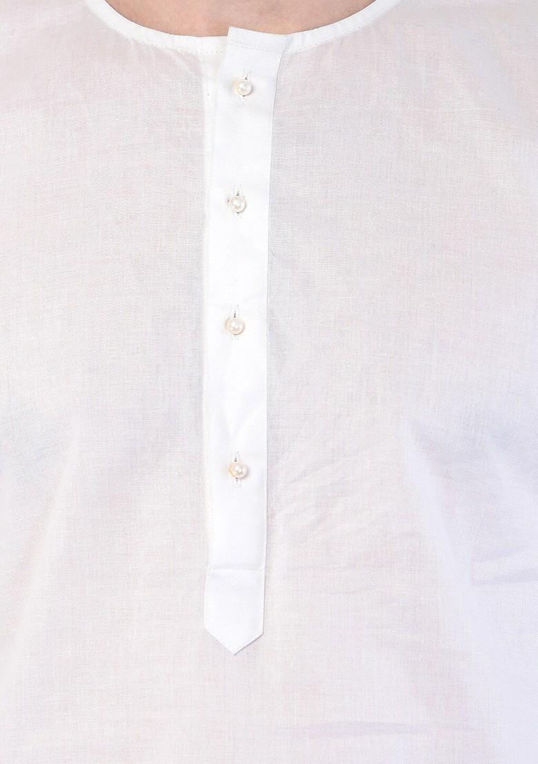 White Solid Cotton Kurta Set For Men