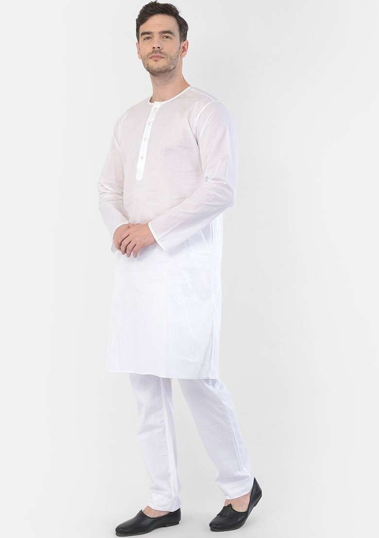 White Solid Cotton Kurta Set For Men - Indya