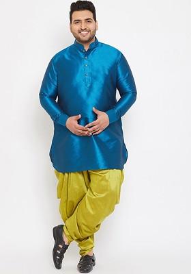 Turquoise Blue Solid Poly Blend Kurta Set For Men