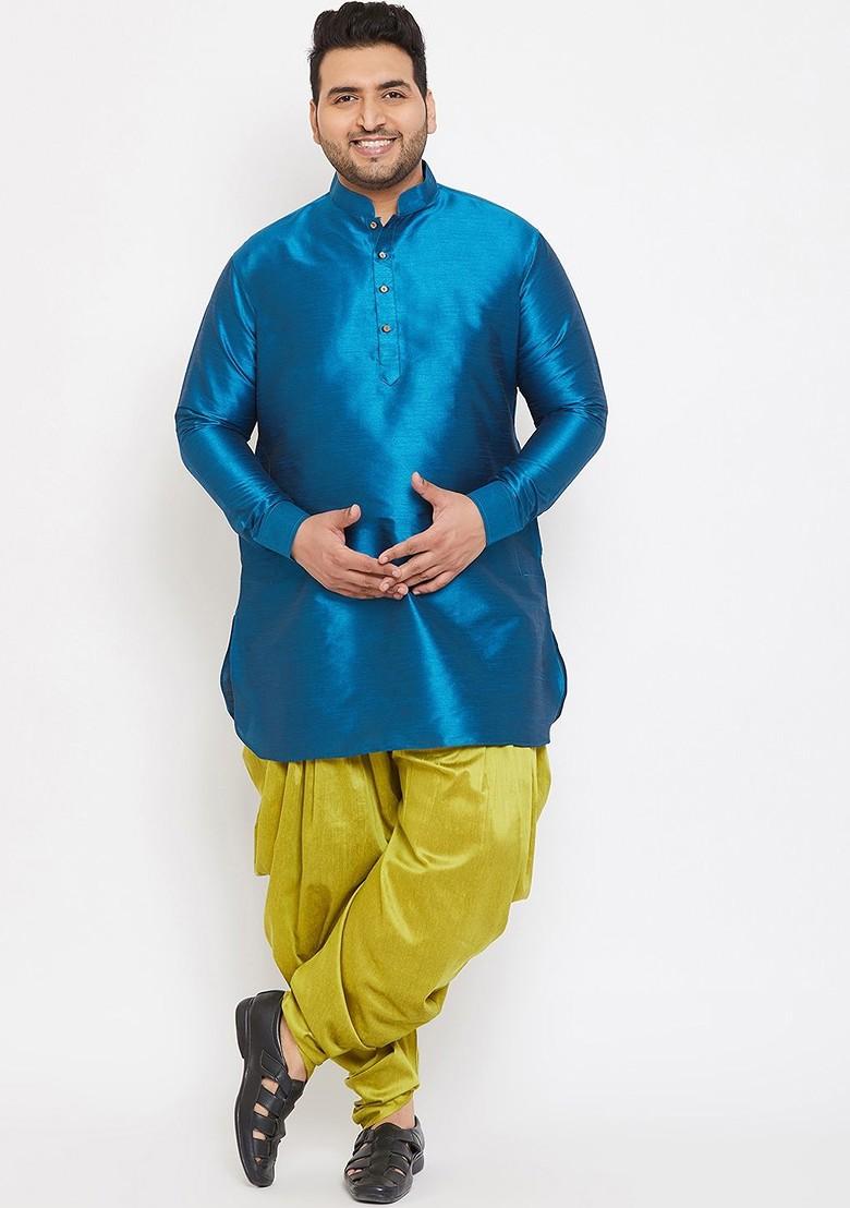 Turquoise Blue Solid Poly Blend Kurta Set For Men
