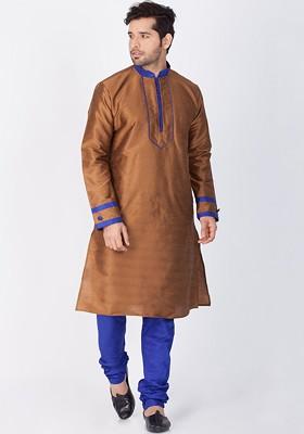 Coffee Brown Solid Poly Blend Kurta Set For Men