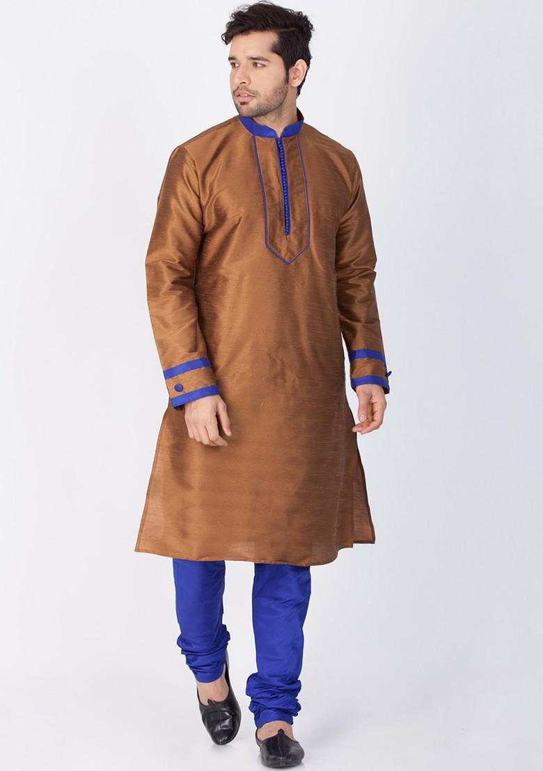 Coffee Brown Solid Poly Blend Kurta Set For Men