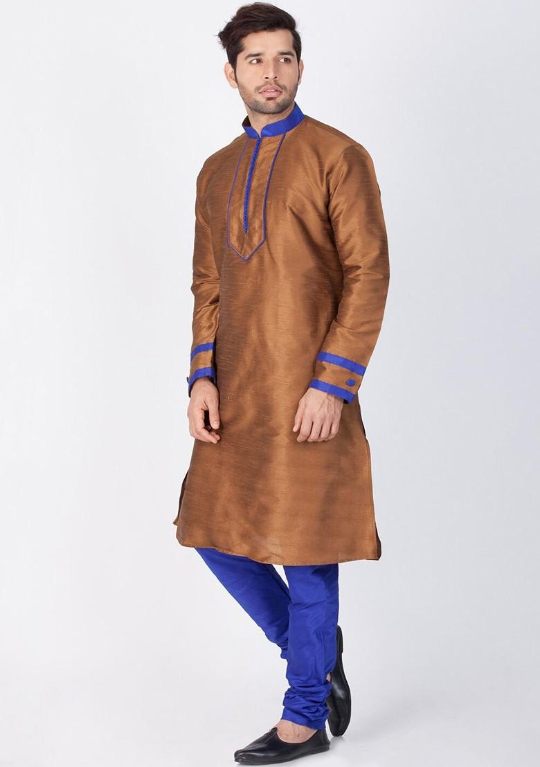 Coffee Brown Solid Poly Blend Kurta Set For Men