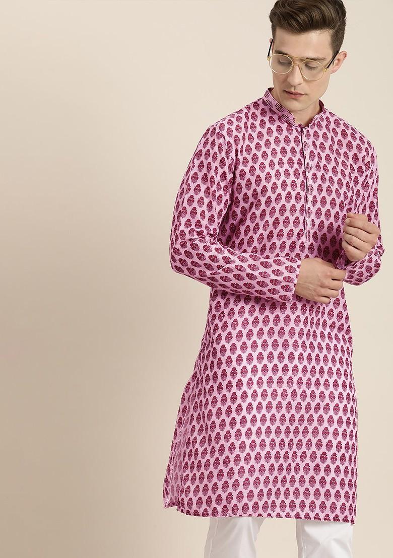Pink Printed Poly Blend Kurta Set For Men