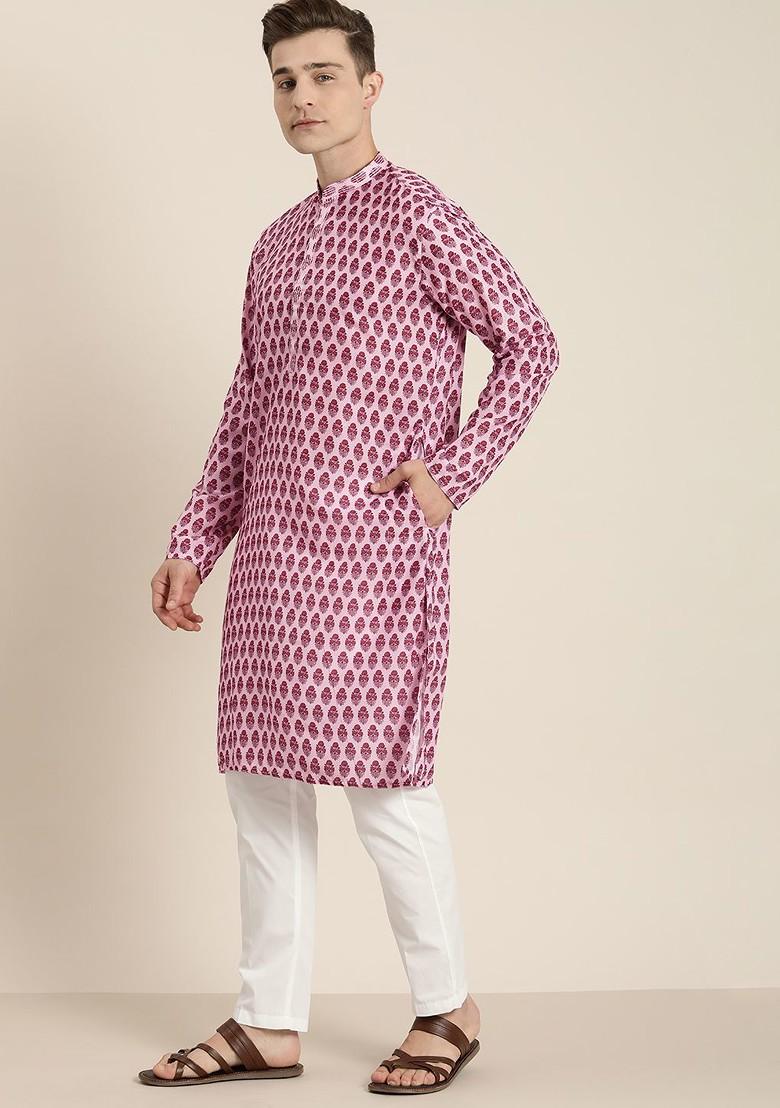 Pink Printed Poly Blend Kurta Set For Men
