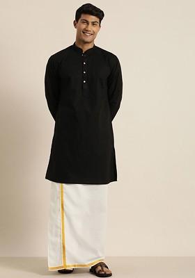 Black Solid Poly Blend Kurta Set For Men