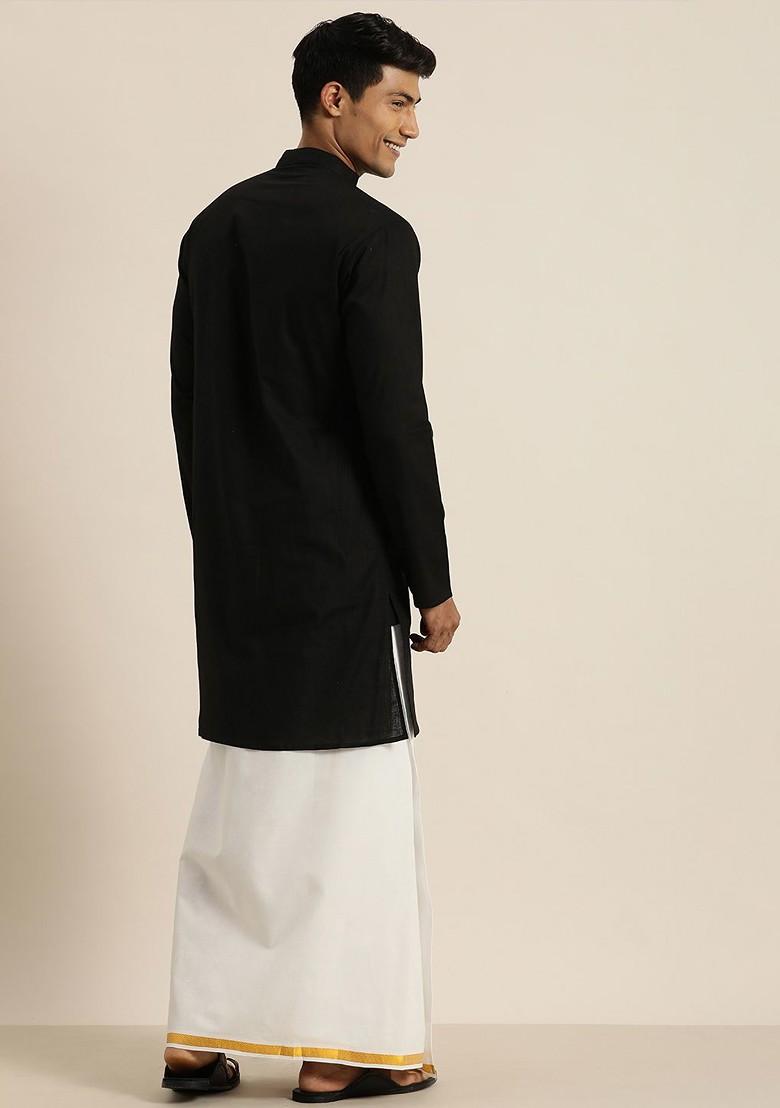 Black Solid Poly Blend Kurta Set For Men