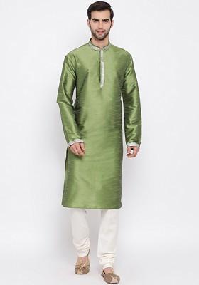 Green Solid Poly Blend Kurta Set For Men