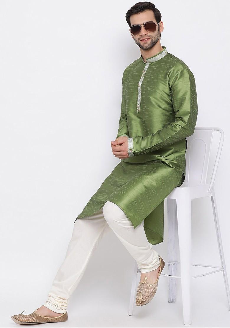 Green Solid Poly Blend Kurta Set For Men