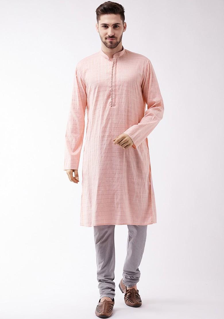 Pink Solid Poly Blend Kurta Set For Men