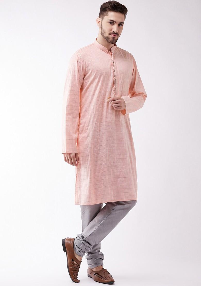 Pink Solid Poly Blend Kurta Set For Men