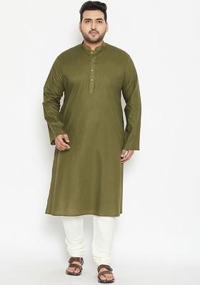 Olive Solid Poly Blend Kurta Set For Men