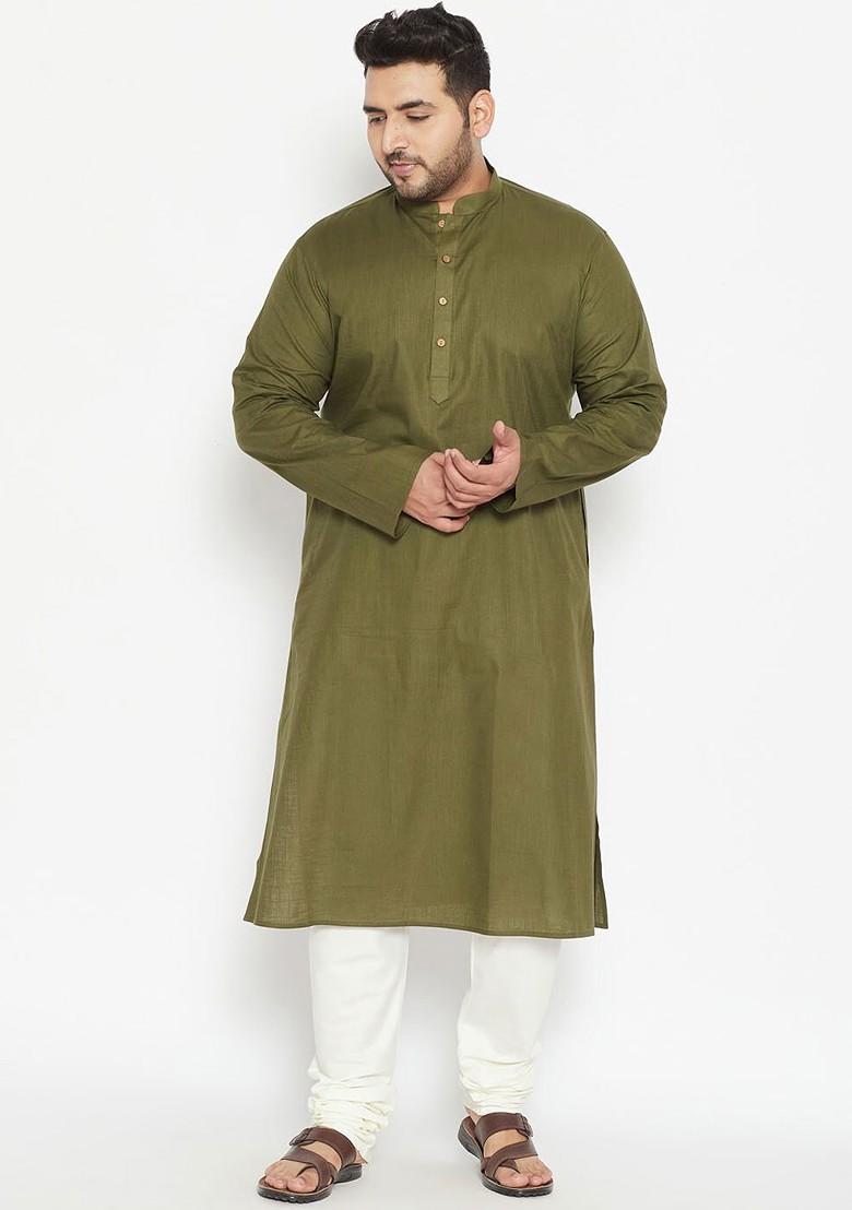 Olive Solid Poly Blend Kurta Set For Men