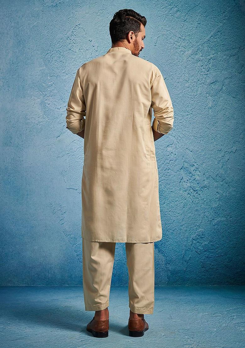 Beige Solid Poly Blend Kurta Set For Men