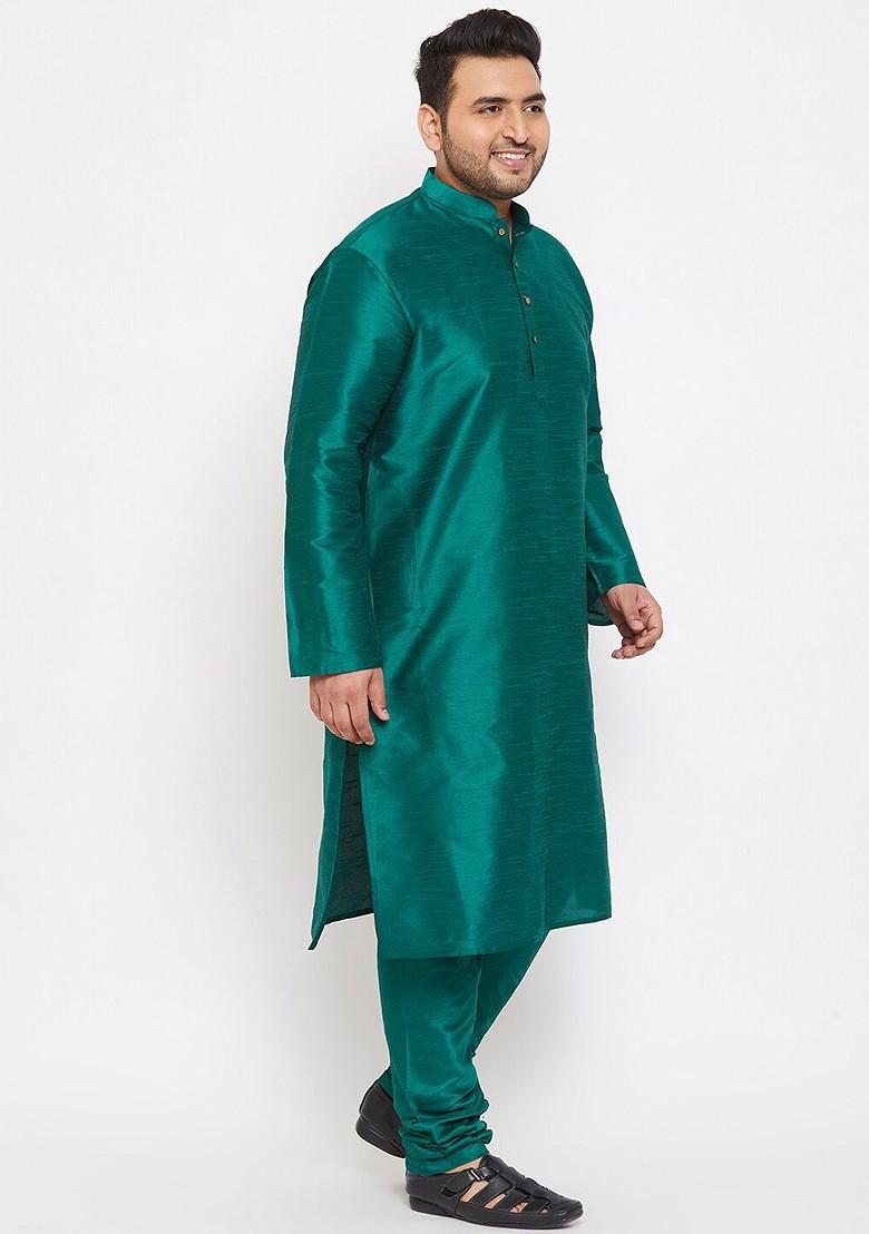 Green Solid Poly Blend Kurta Set For Men