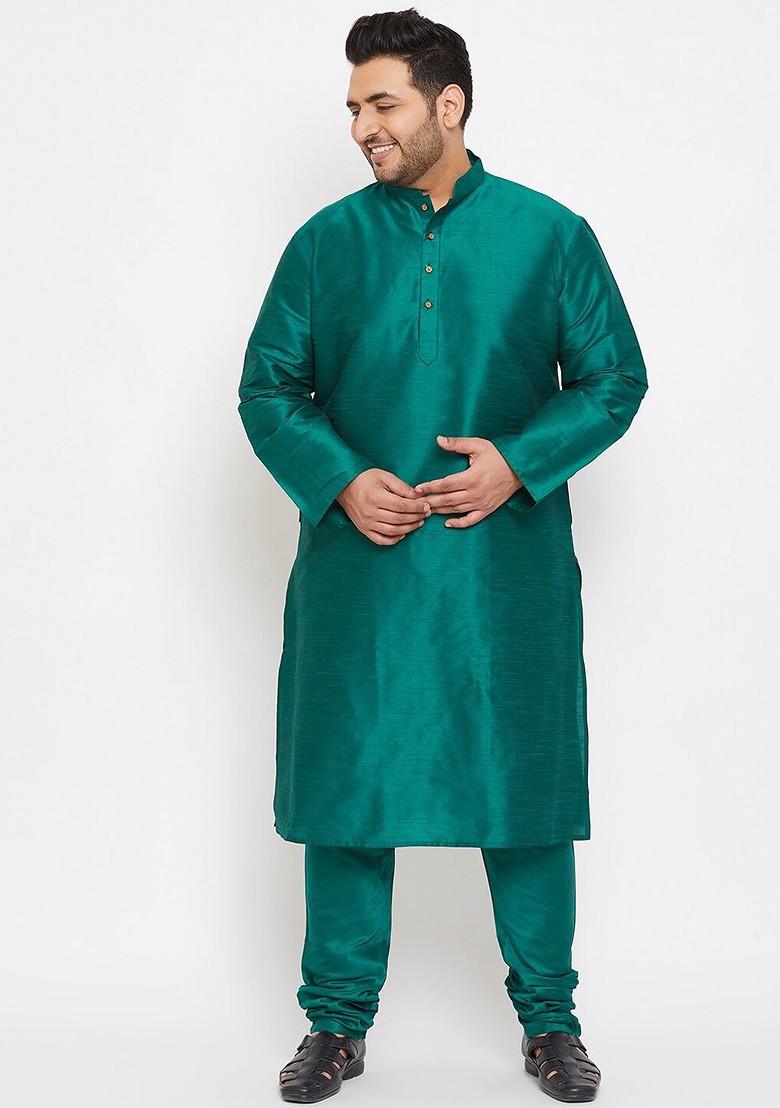 Green Solid Poly Blend Kurta Set For Men