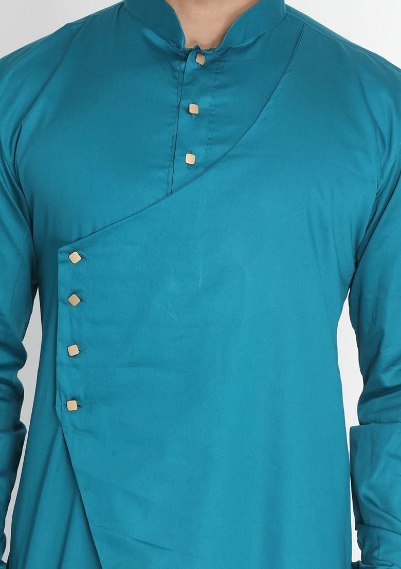 Turquoise Blue Solid Poly Blend Kurta Set For Men