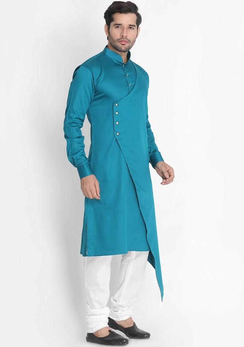 Turquoise Blue Solid Poly Blend Kurta Set For Men