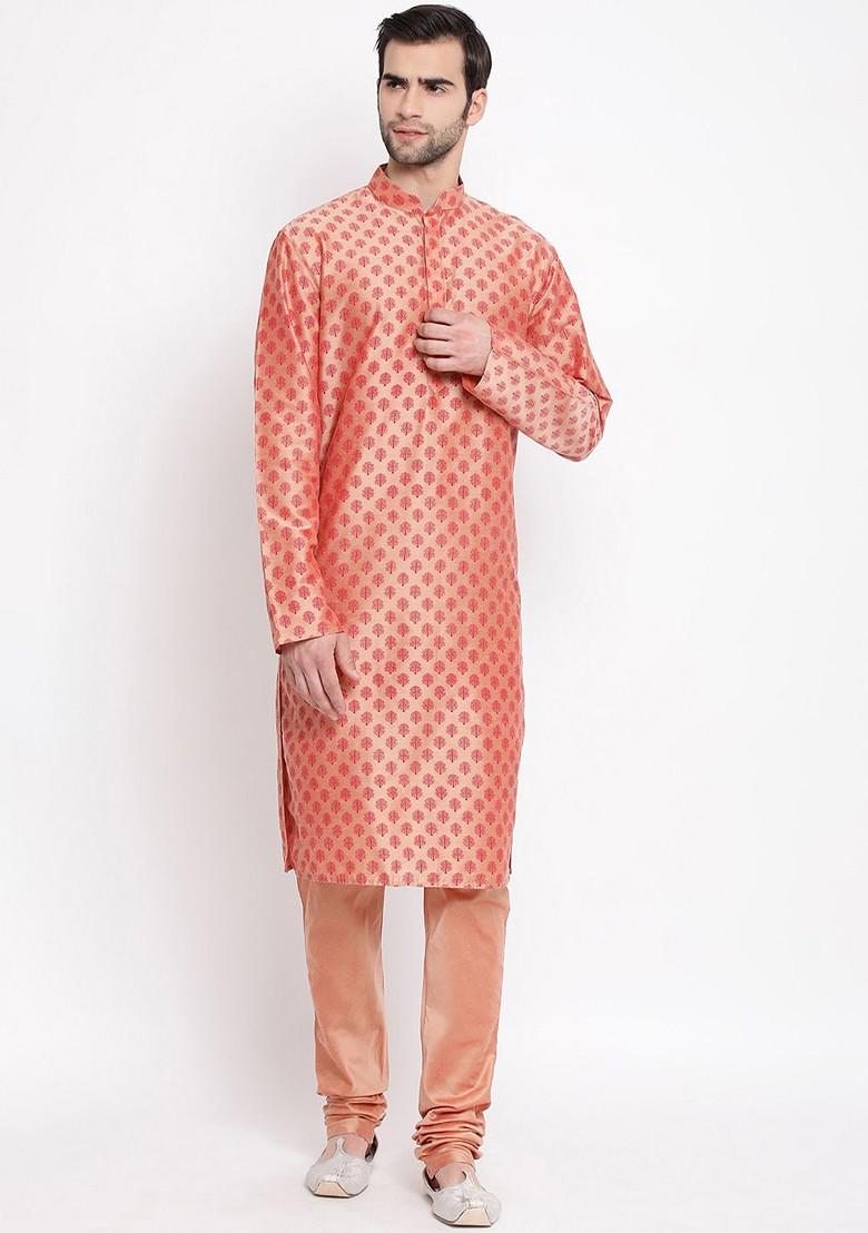 Pink Printed Poly Blend Kurta Set For Men