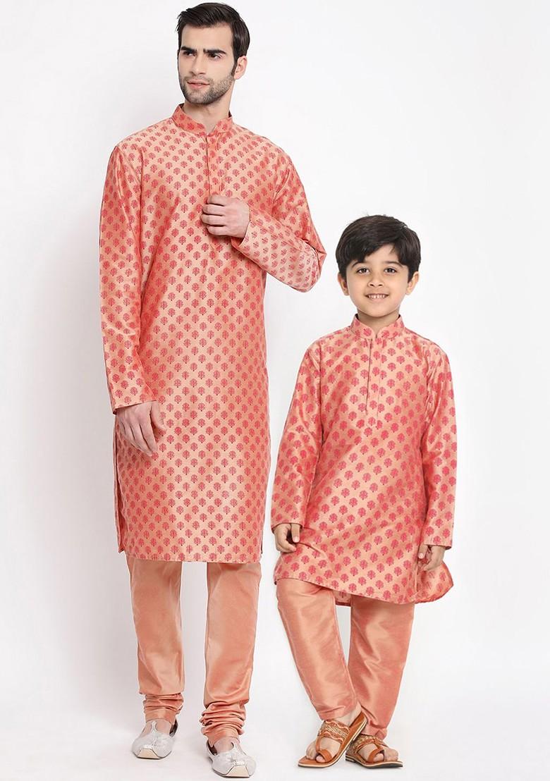 Pink Printed Poly Blend Kurta Set For Men