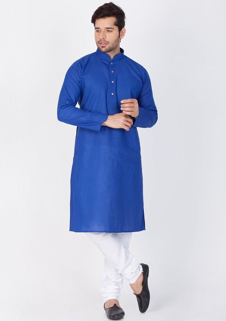 Blue Solid Cotton Kurta Set For Men