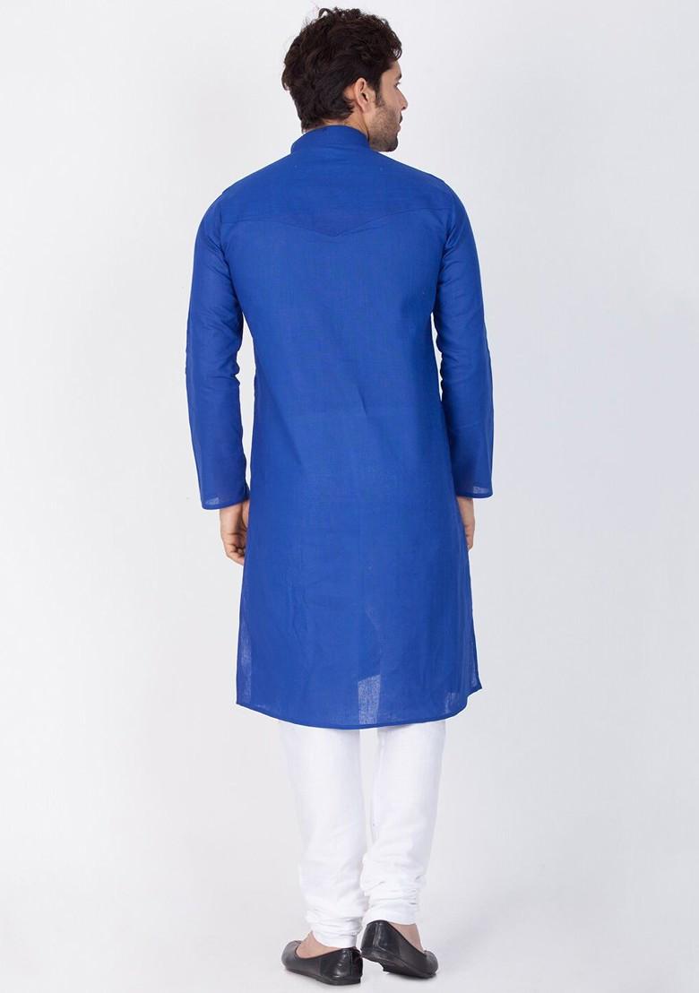Blue Solid Cotton Kurta Set For Men