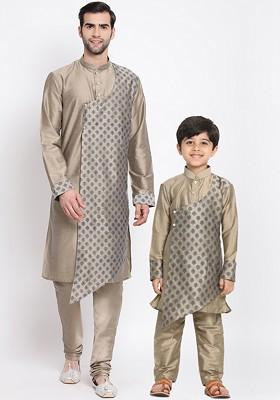 Beige Printed Poly Blend Kurta Set For Men