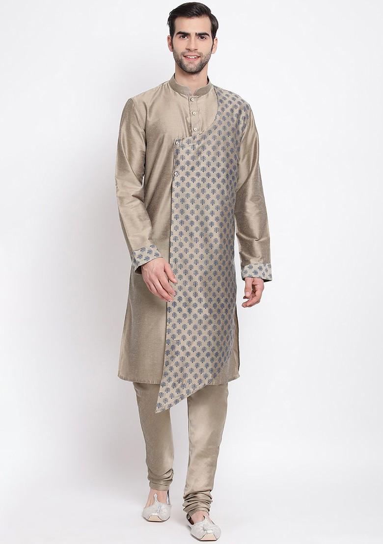Beige Printed Poly Blend Kurta Set For Men