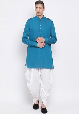 Turquoise Blue Solid Poly Blend Kurta Set For Men