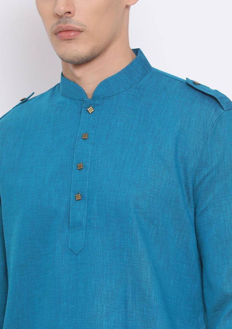 Turquoise Blue Solid Poly Blend Kurta Set For Men
