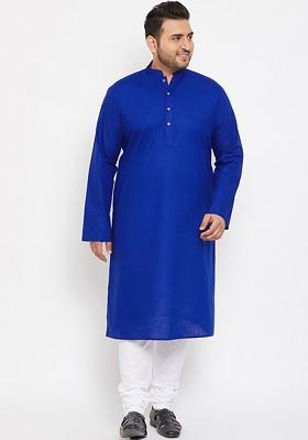 Blue Solid Poly Blend Kurta Set For Men