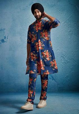 Blue Printed Poly Blend Kurta Set For Men