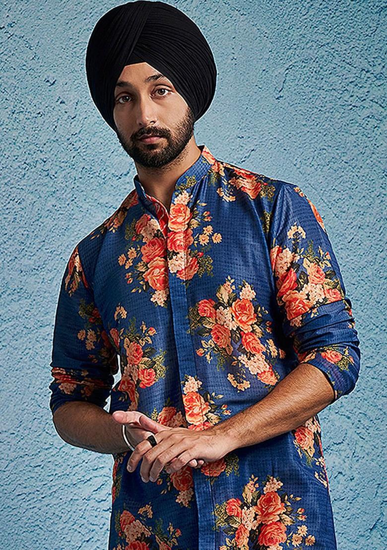 Blue Printed Poly Blend Kurta Set For Men