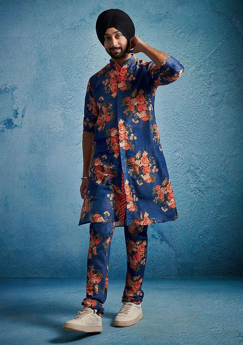 Blue Printed Poly Blend Kurta Set For Men