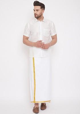 White Solid Poly Blend Kurta Set For Men