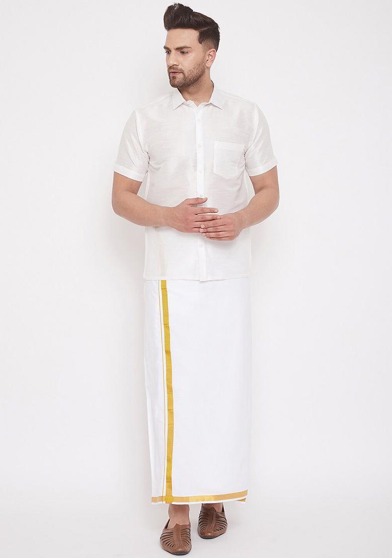 White Solid Poly Blend Kurta Set For Men