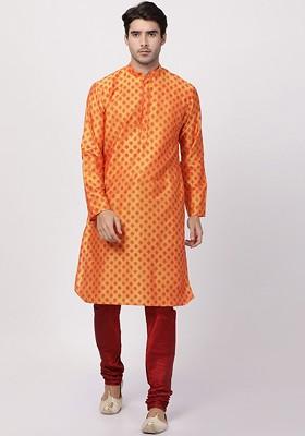Orange Printed Poly Blend Kurta Set For Men