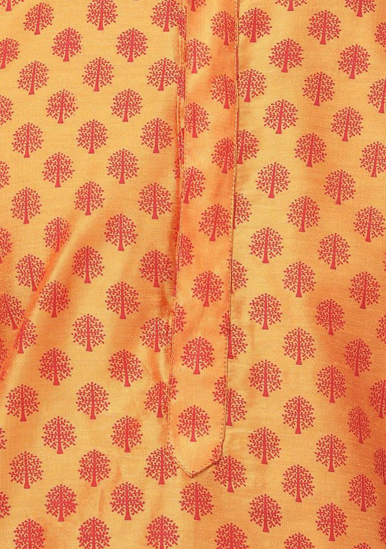 Orange Printed Poly Blend Kurta Set For Men