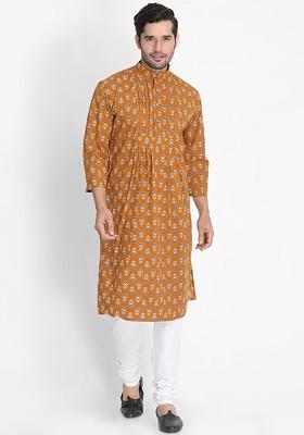 Mustard Printed Poly Blend Kurta Set For Men