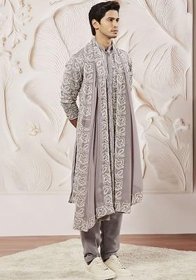 Lavender Floral Print Poly Blend Kurta Set For Men
